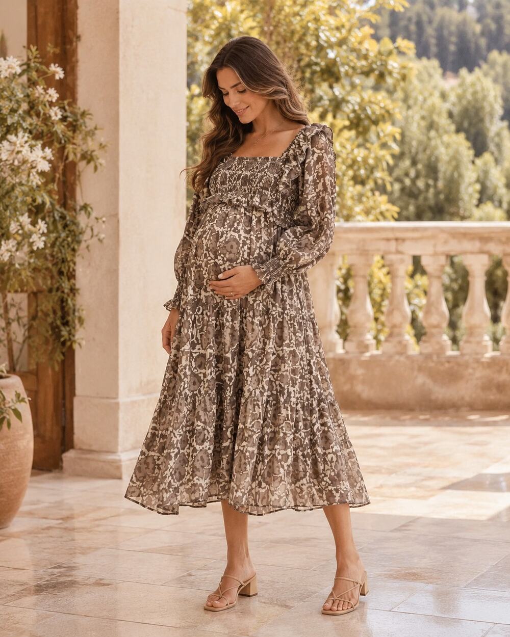 Frances Hart Maternity Maxi Dress XS Taupe Maxine Smocked Tiered Boho Silk Blend